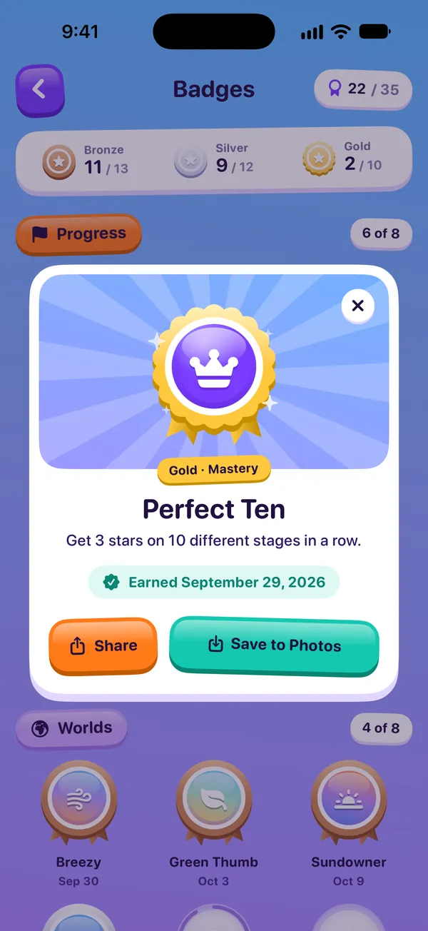 The Badges screen with the gold Perfect Ten badge open: Get 3 stars on 10 different stages in a row, with Share and Save to Photos buttons.
