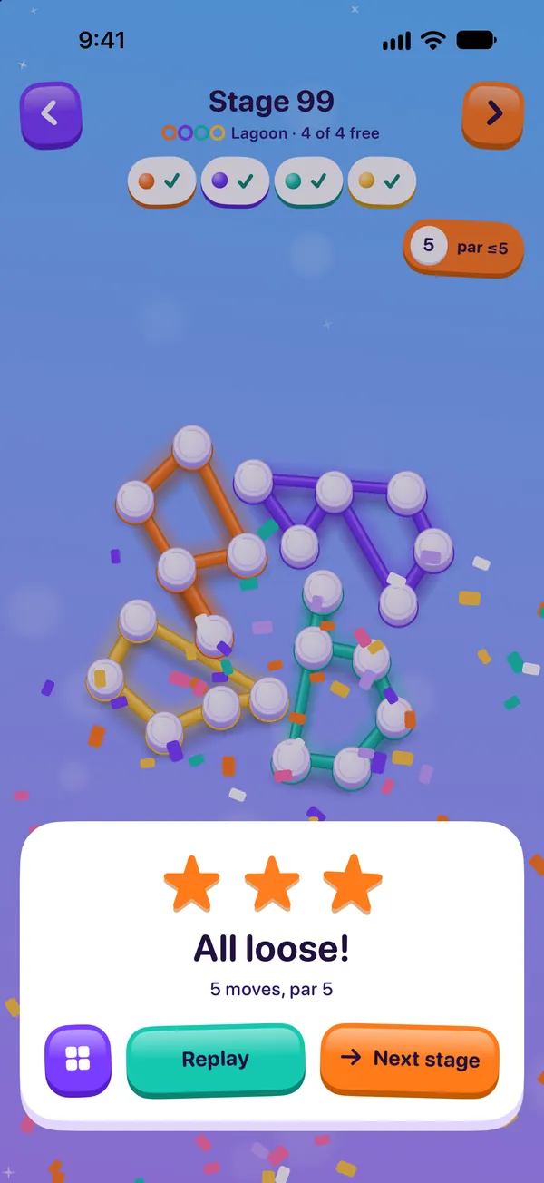 The solved card in LoopLoose: three stars, All loose!, 5 moves, par 5, with Replay and Next stage buttons over the freed loops.