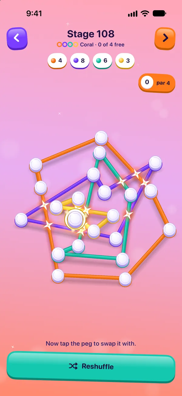 A real LoopLoose screen: stage 108 in the Coral world, four coloured bands tangled round cream pegs, with a white spark wherever two bands cross.
