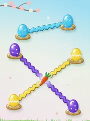 Egg Hunt: painted eggs in little nests joined by ric-rac ribbon, with a carrot at the crossing.